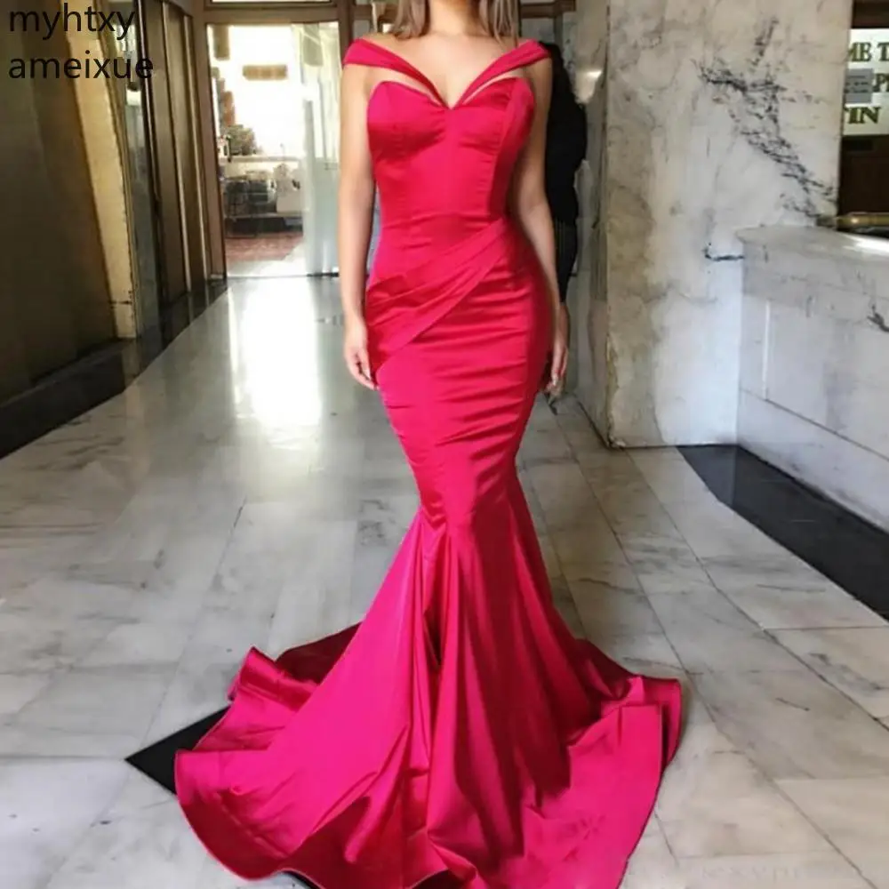 

2019 New Arrival Myhtxyameixue Formal Evening Sweep Train Trumpet Sleeveless Floor-length Satin Natural Sleevel Robe De Soiree