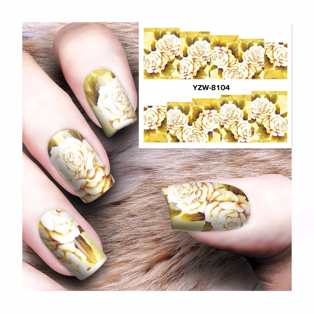 

YWK 1 Sheet Watermark Nail Stickers Champagne Rose Designs Nail Art Water Transfer Sticker Decals Manicure Wraps Decor #8104