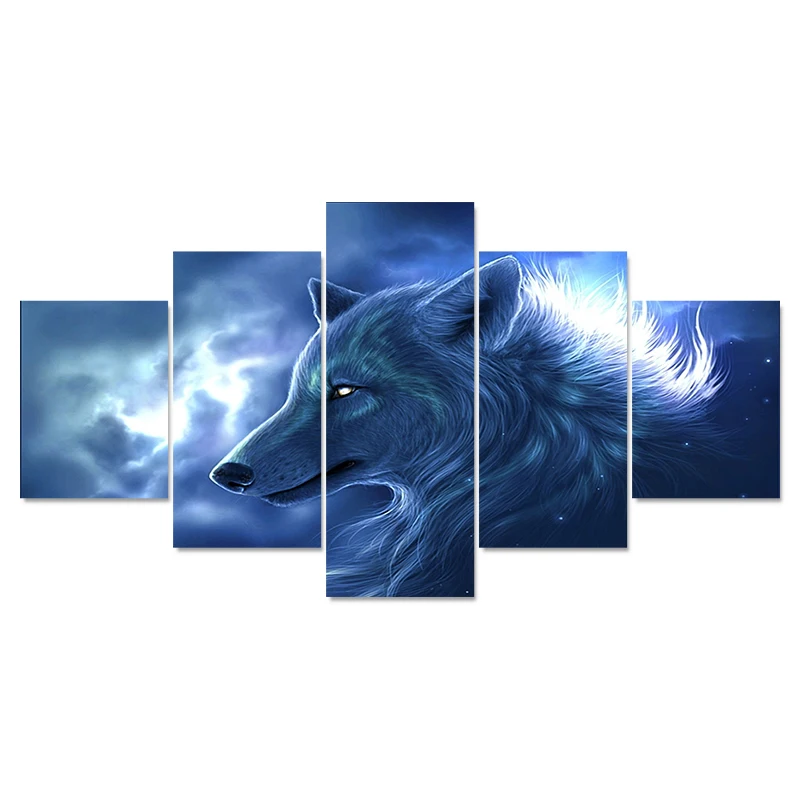 

QK ART 5 Piece Wall Art Pictures For Living Room Canvas Animal Painting Home Decor Framed Portrait of Wolf Night