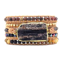 Дизайнерский кожаный браслет, черный турмалиновый микс, 5 нитей, плетеные браслеты, Богемский Браслет, Прямая поставка