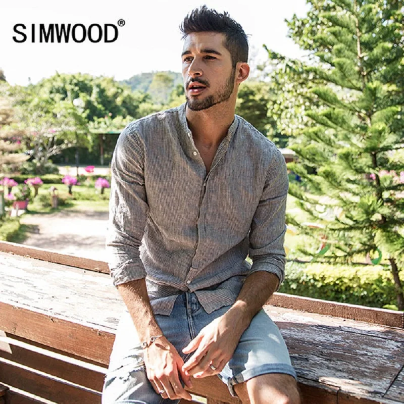 En Ligne SIMWOOD Casual Chemises Hommes 100% Pur Lin 2019 printemps Été Chemise À Manches Longues Homme Slim Fit Plus Taille Haute Qualité CC017035