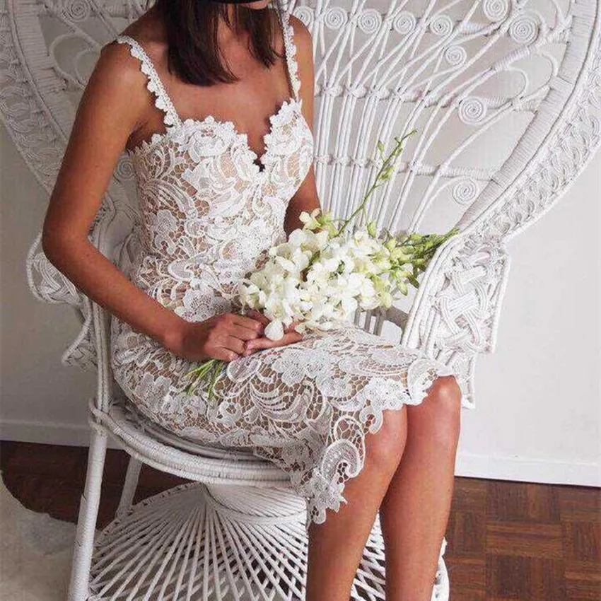 2016 Fashion Designer White Balck Party Dress Women Sexy Sleeveless Lace Crochet Hollow Out Slim Spaghetti