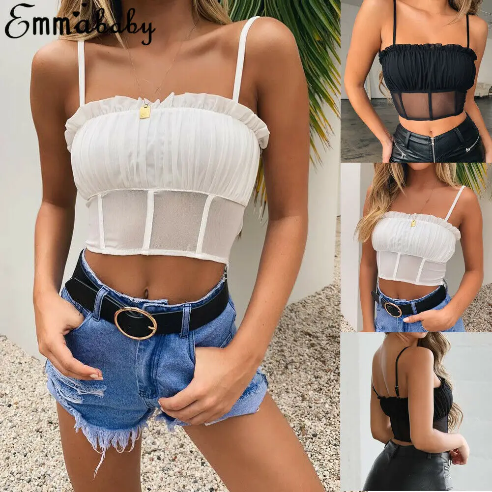 

US Women's Casual Elastic Strap Summer Ruched Tank Tops Mesh Vest Chiffon Crop Tops Black White Camis Summer