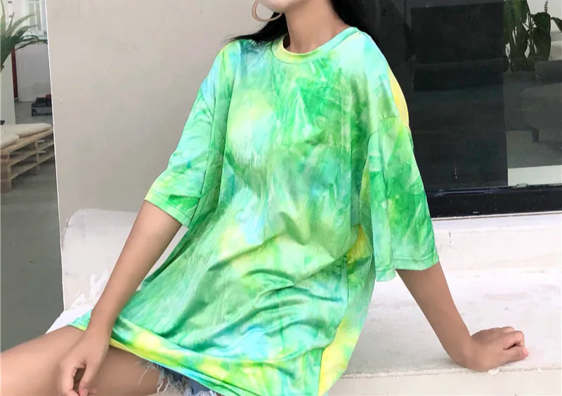 Harajuku Для женщин футболка диких ретро Tie-dye Tie Dye с короткими рукавами в Корейском