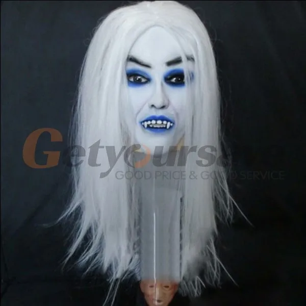 

Scary Mask Halloween Toothy Zombie Bride With White Hair Horror Ghost Mask