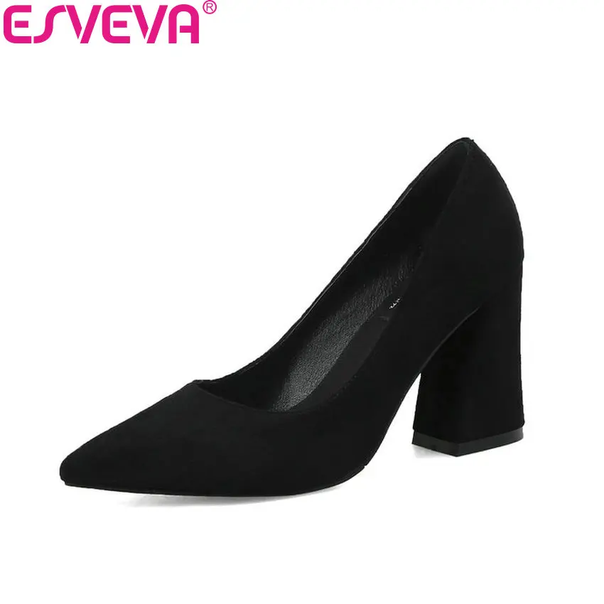

ESVEVA 2018 Women Pumps Wedding Shoes Square High Heels Slip on Pointed Toe Spring and Autumn Out Door Women Shoes Size 34-43