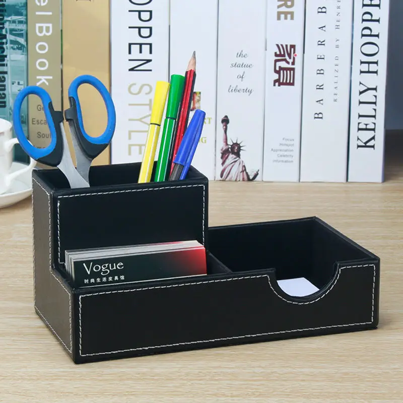multifunction desktop office school wooden PU leather pen holder pencil