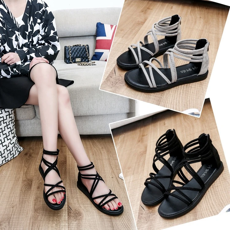 

2018 summer new cross straps retro Roman shoes word buckle women's shoes flat sandals.