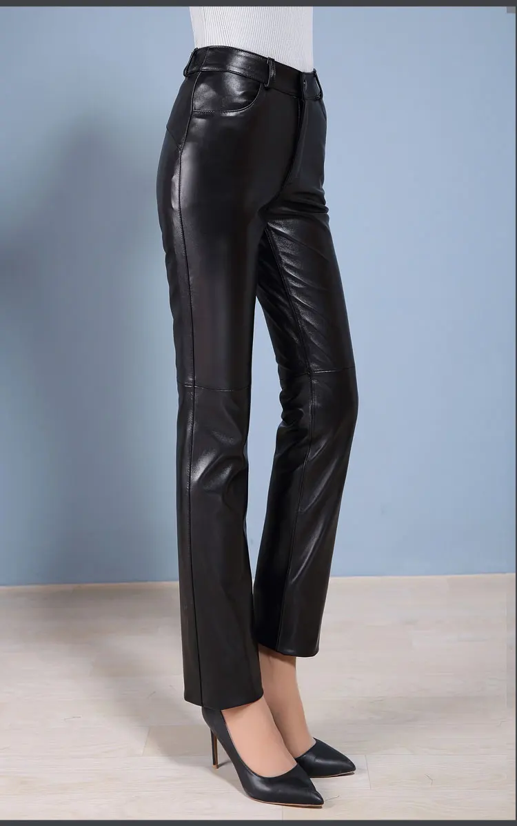 Женские брюки из натуральной овечьей кожи с широким низом; женские брюки из натуральной кожи на молнии со средней талией; обтягивающие женские брюки; расклешенные брюки; AF176