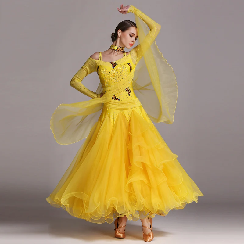 Ballroom Dress Long Sleeve Rhinestone Hand Embroidery Standard Dance Dresses Waltz Costume