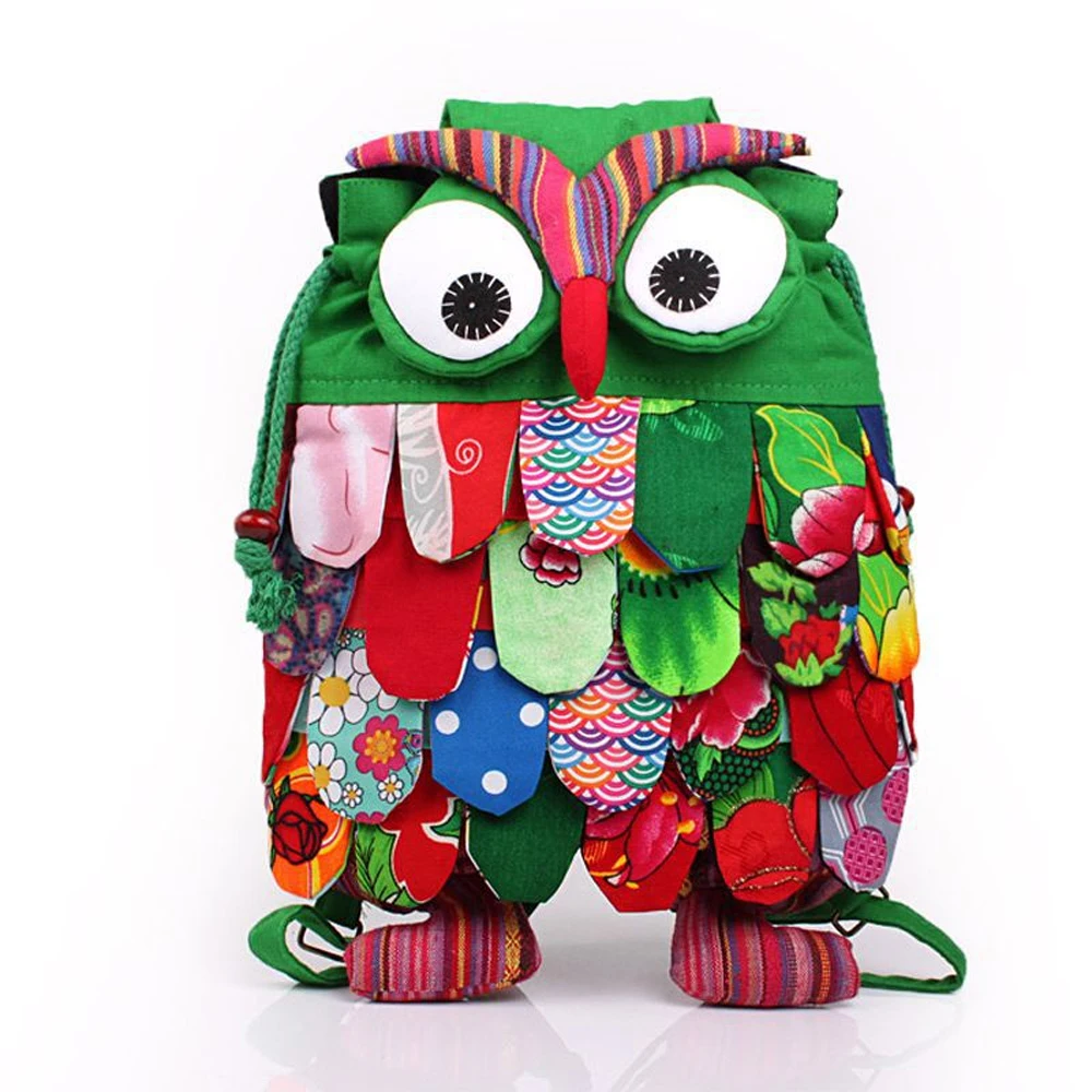 

Medium Floral Cotton Owl Bag Bagpack Backpack for Kids Girl Children Hasp Drawstring Cartoon Cute Owl Backpack 4 Layers Feathers