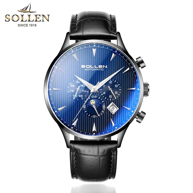 

SOLLEN Mens Watches Top Brand Luxury Moon Phase Automatic Mechanical Watch Men Casual Fashion Leather Strap Skeleton Wristwatch