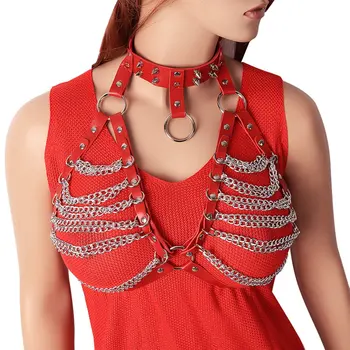 

Red Leather Harness Punk Gothic Sexy Lingerie Cupless Bra Tops Harness Belt Body Bondage Chest Straps Metal Chain Rivet Rave