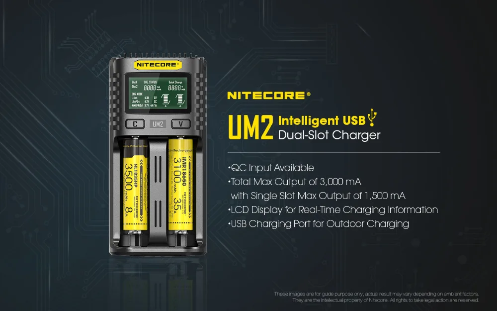Официальный Nitecore UM2 USB двойной слот QC зарядное устройство интеллектуальная схема глобальная страховка литий-ионный 18650 14500 16340 26650 зарядное устройство