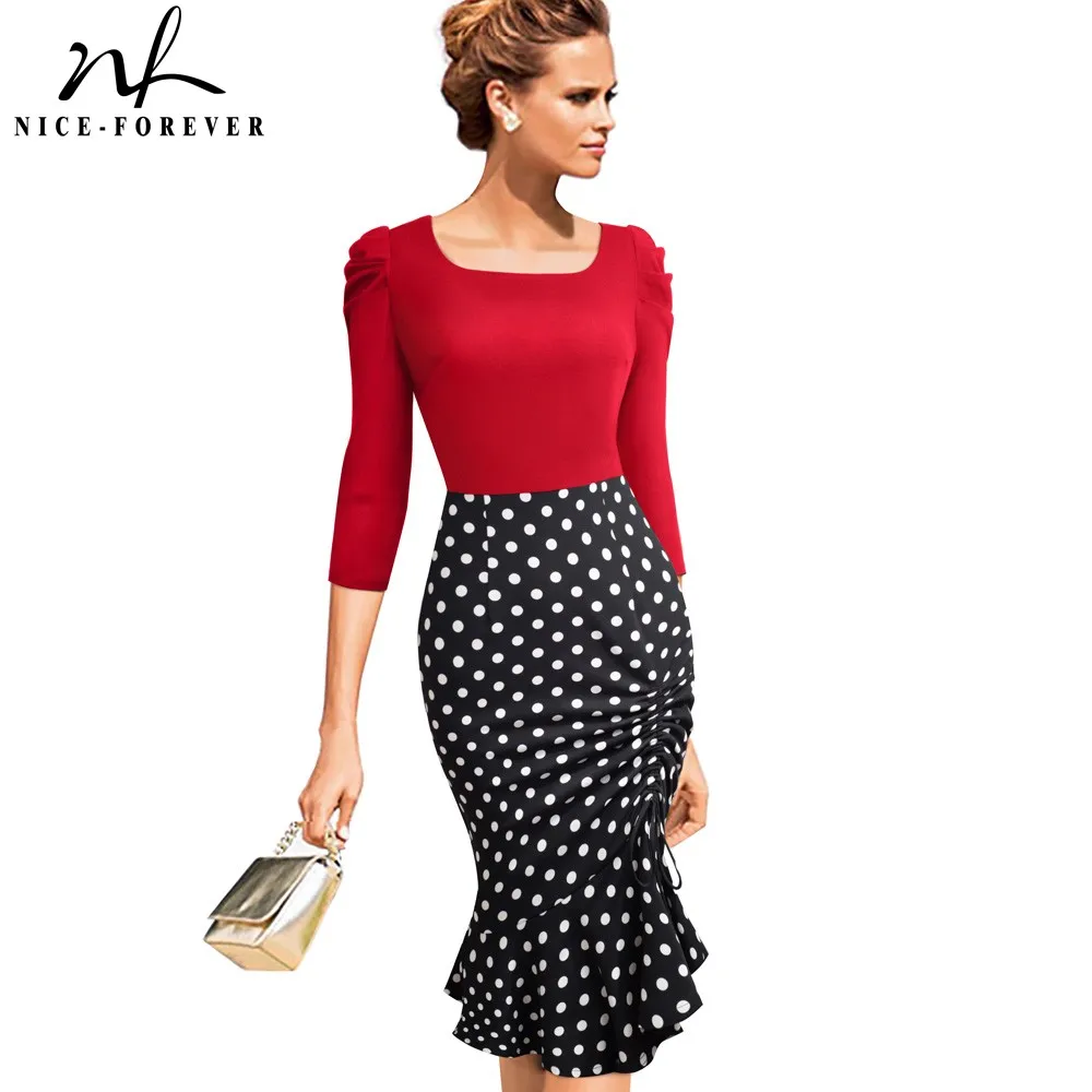 

Nice-forever Women Vintage Polka dots Wear to Work Square Neck Mermaid vestidos Business Party Office Bodycon Sheath Dress B467