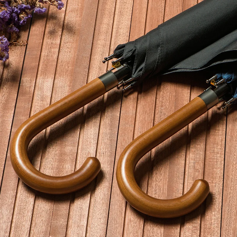 Genuine Wooden Long Handle Men Umbrella Windproof Large 8K 210T Pongee