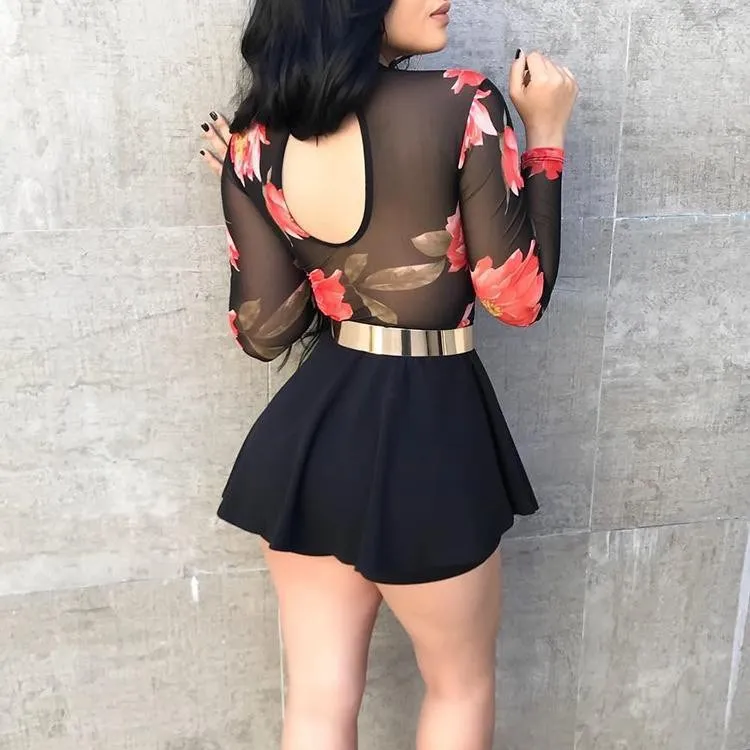 

2019 Summer Floral Print Backless Pleated Romper Sexy Boho Mesh Party Mini Jumpsuits Women Long Sleeve Playsuit