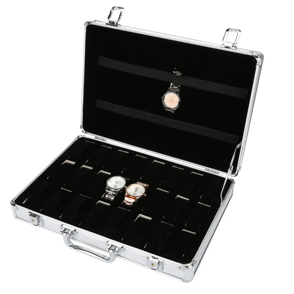 

Fashion Watch Storage Box Watch Alloy Suitcase Display Organizer for Necklace Rings Bracelet 24 Grids Jewelry Box Case Casket