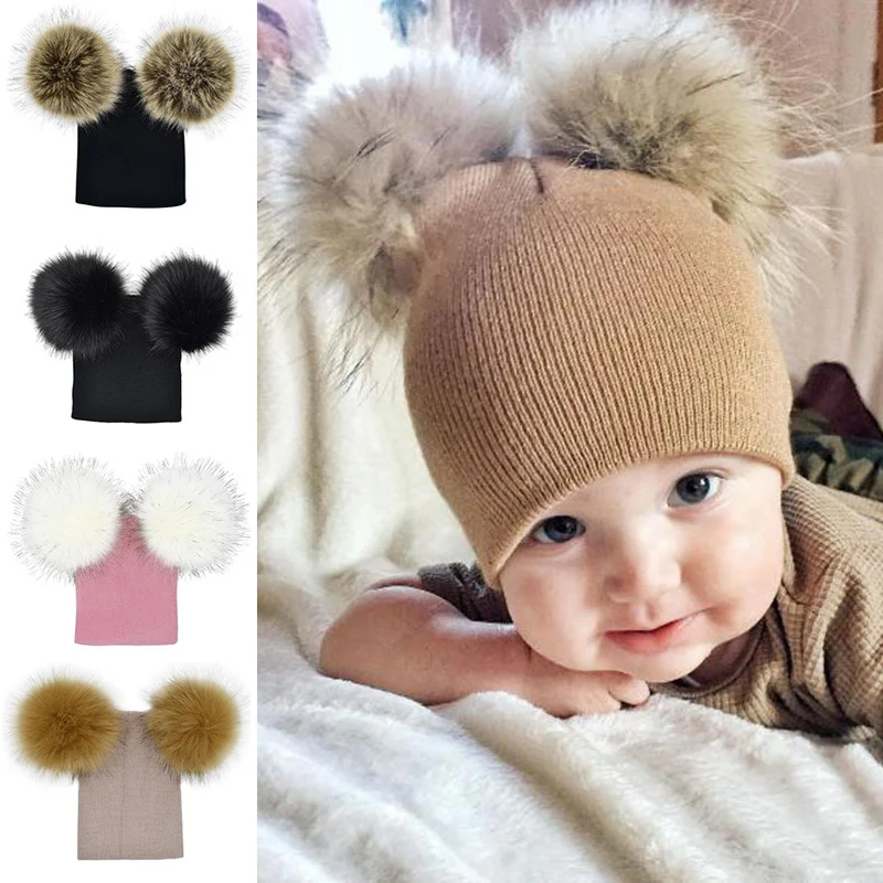 Faux Fur Pompom Baby Hat Infant Baby Girl Boy Beanie Cap Warm Knitted Wool Kids Hat Cute Double