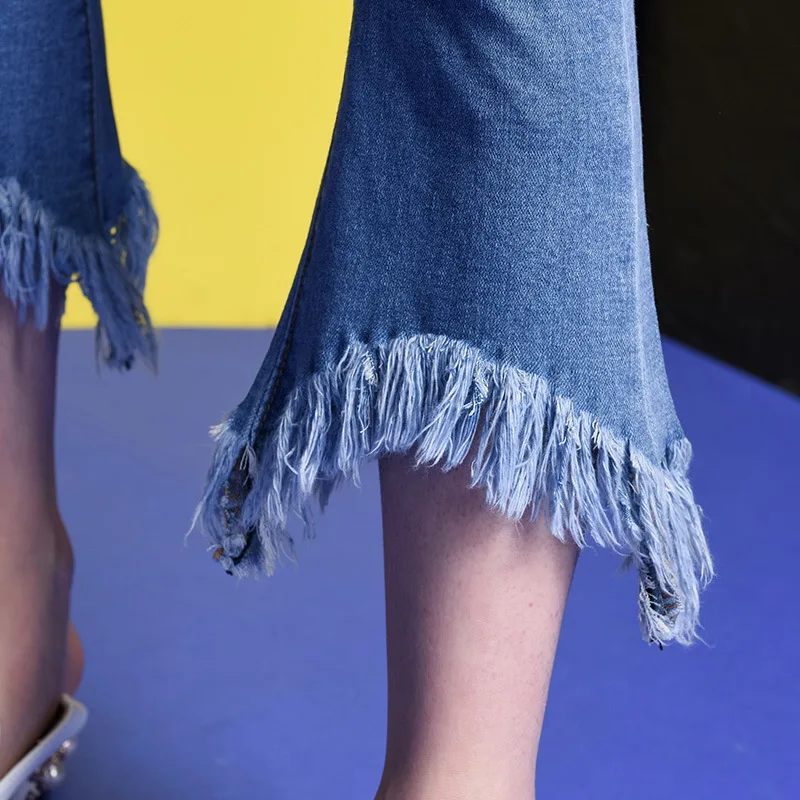 Женские джинсы Рваные сексуальные винтажные женские джинсы эластичные дырочки в коленях обтягивающие нижние вспышки женские узкие брюки женские летние леггинсы
