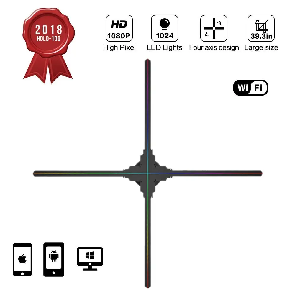 

Dseelab 100cm 3D Hologran Fan WiFi,1024P HD Holographic Video Projector Advertising Display Big size shop window led holograma