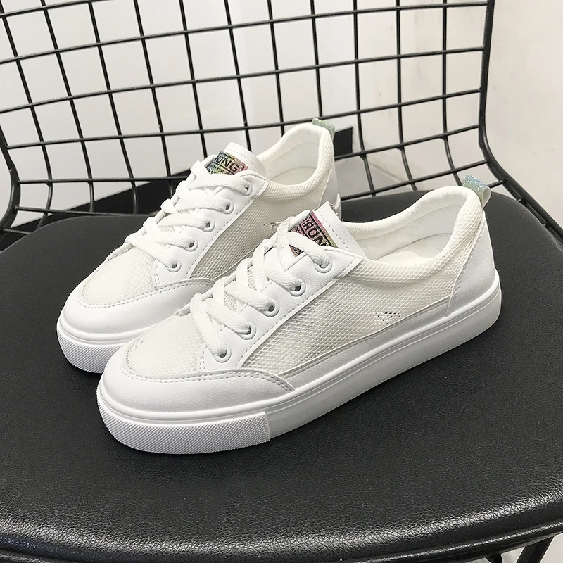 

2019 New Spring and Summer White Casual Shoes Woman Flat Mesh Breathable Female Sneakers Lace-up Jogging Running Shoes Women