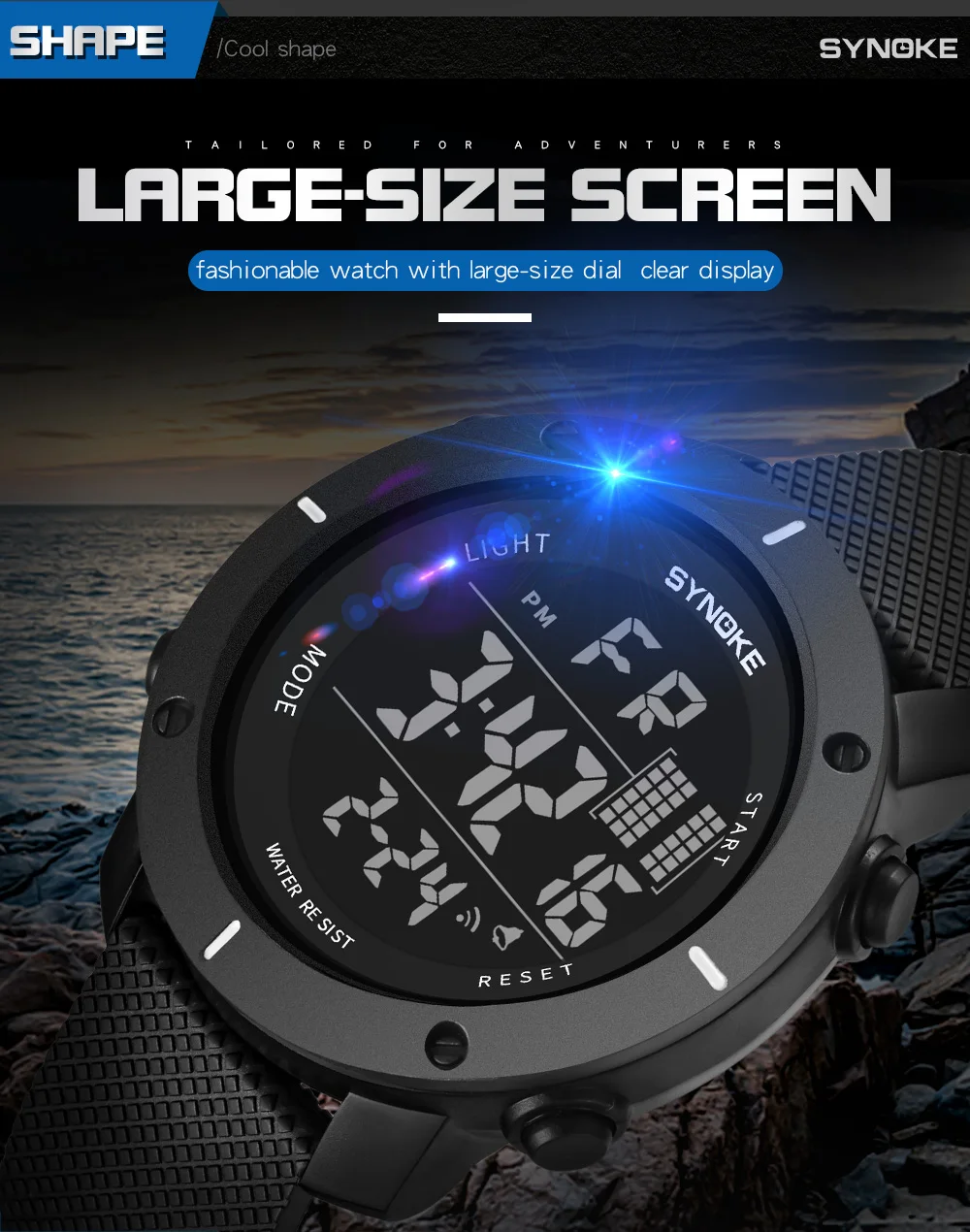 SYNOKE Sports Watch Men Digital Watches Waterproof Fashion Electronic Wristwatches Date Rubber Clock Black Military Watch