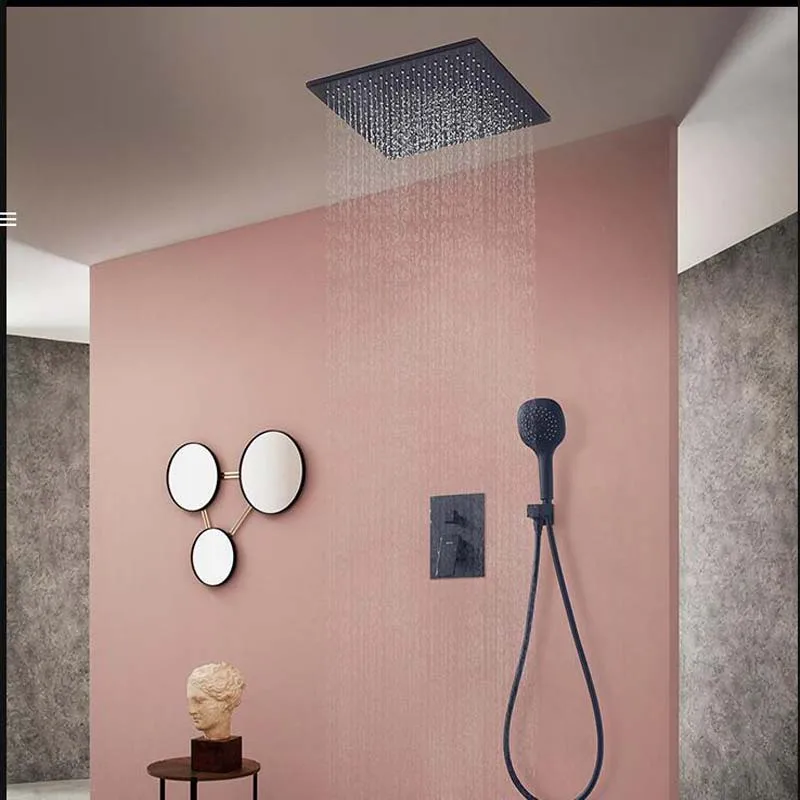 

Ceiling Mounted Oil Rubbed Bronze Rainfall Shower Head Faucets Thermostatic Valve Hand Shower Sprayer Square Top Shower Sprayer