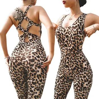 

2018 Gift Leopard Print Cross Bandage Hollow Out Sporting Femme Bodysuit Playsuit Overalls Sexy Tights Fitness Women Jumpsuits