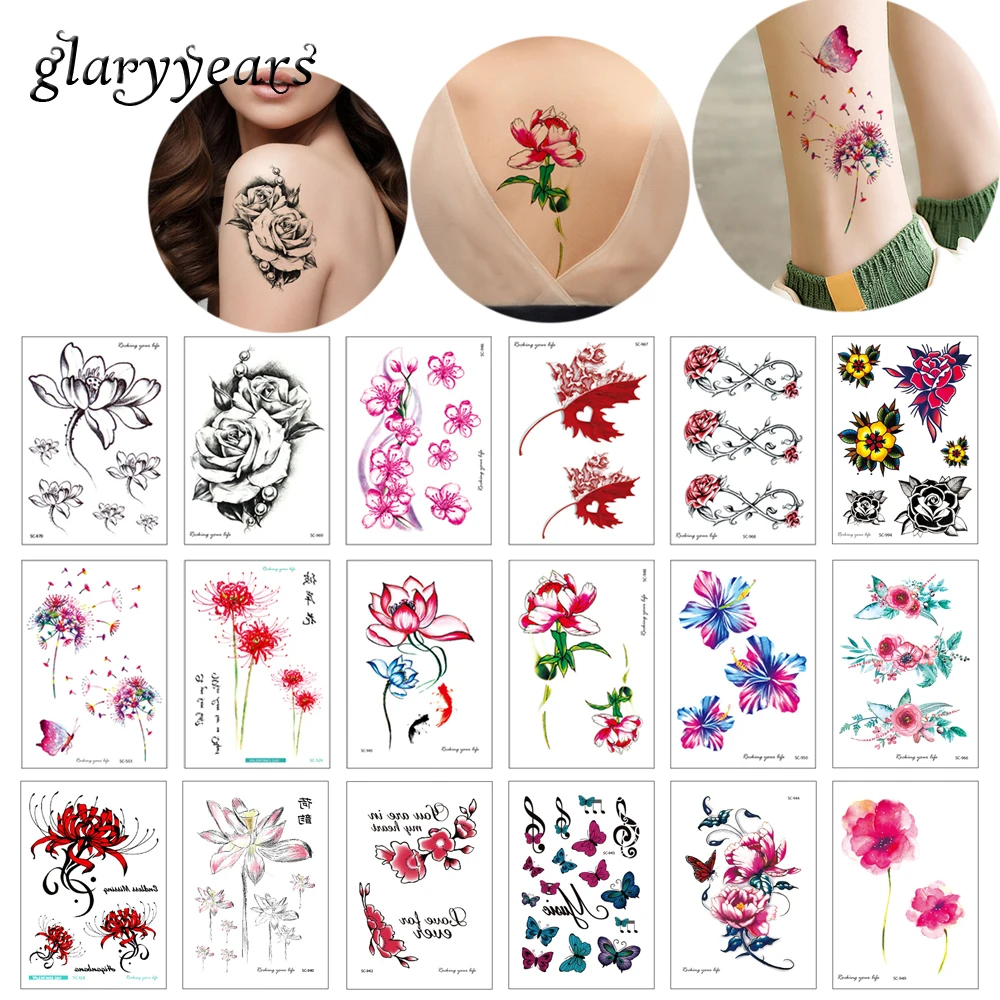 

15*10.5cm glaryyears 24 Designs 1 Sheet Flower Tattoo SC Watercolor Drawing Temporary Tattoo Sticker Beauty Body Art Decal Lotus