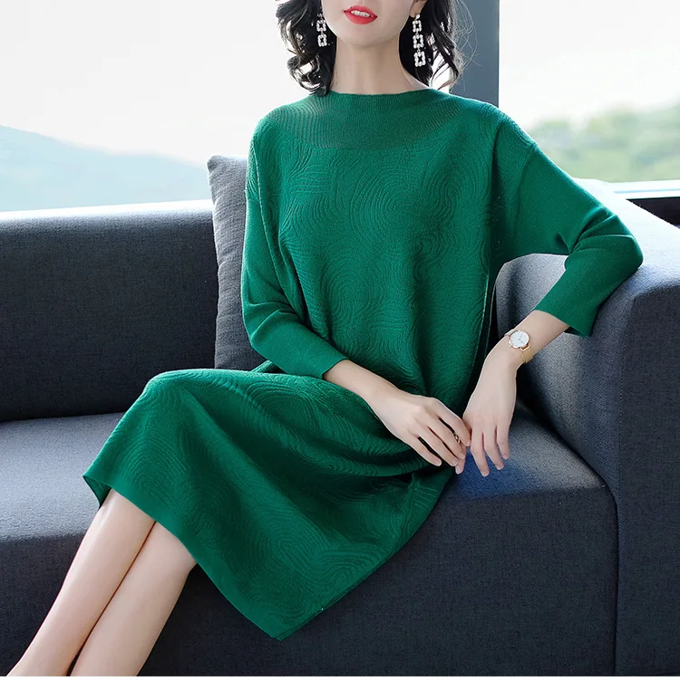 Knit dress female autumn and winter new Korean casual elegant long Dress solid color O-neck long sleeve over knee dresses