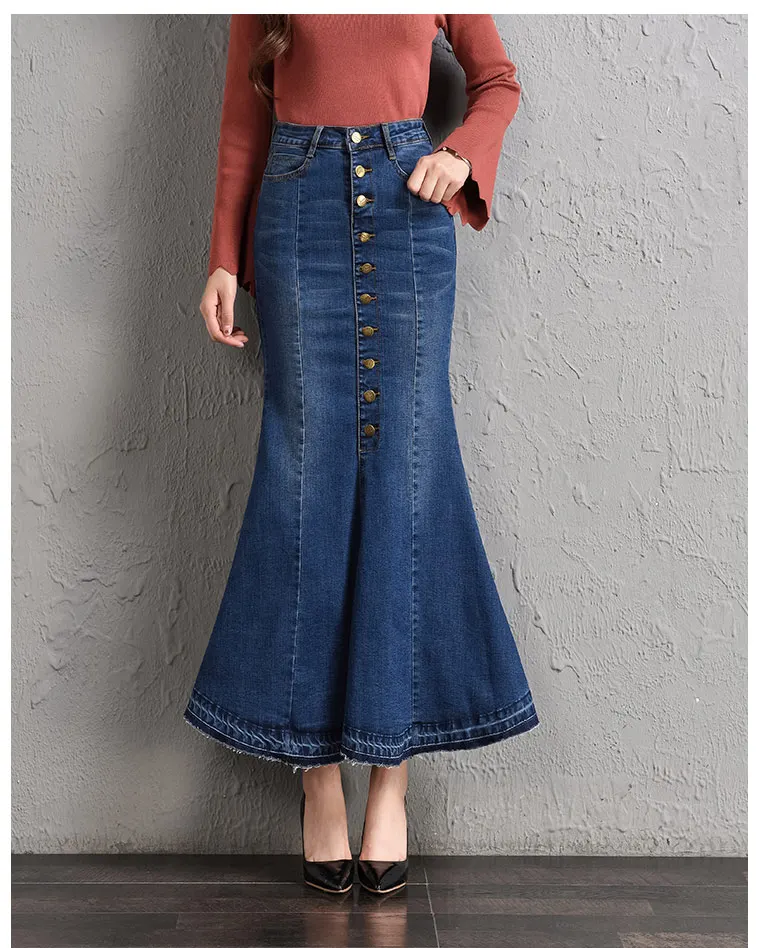 De Adelgaza Las Tyn0731 Mezcla Casual Imperio Mujeres Moda Vintage Botón Para Nueva Denim Primavera Trompeta Azul Faldas Otoño Algodón ZXUqnUgd