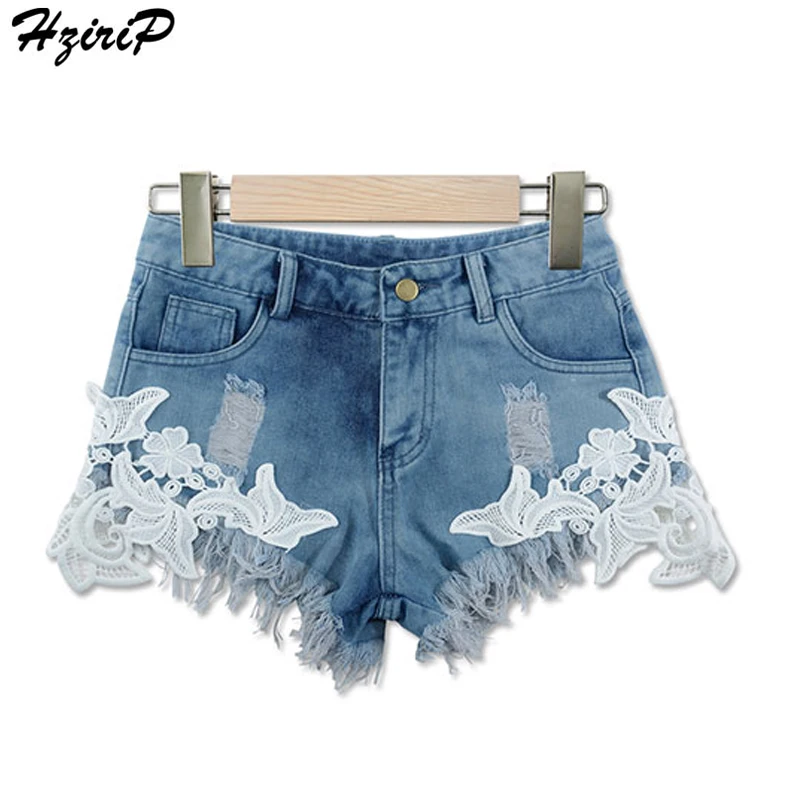 HziriP Fashionable Lace Stitching Tassel Short Jeans Women Shorts Denim