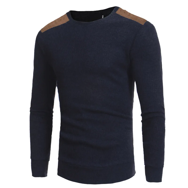 Осенний Новый мужской замшевый свитера с аппликациями-заплатками круглый вырез пуловер свитер мужской тонкий свитер