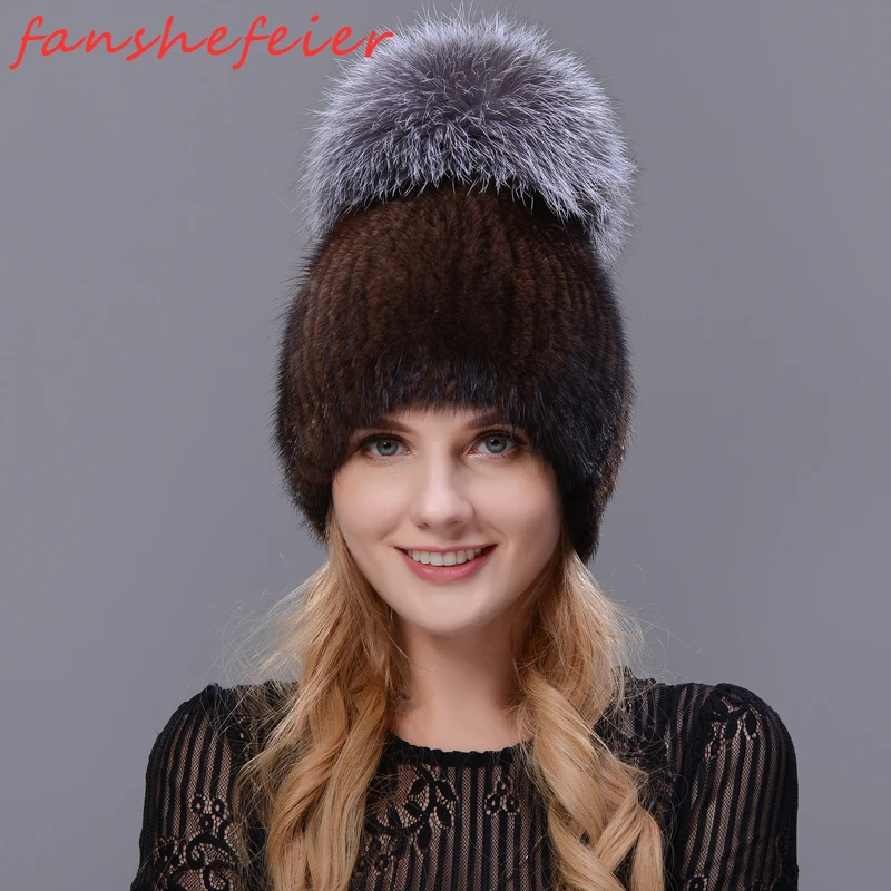Fanshefeier, настоящая норка, норковый мех, меховая шапка с лисьим мехом, новинка, хит, высокое качество, женская зимняя вязаная шапка