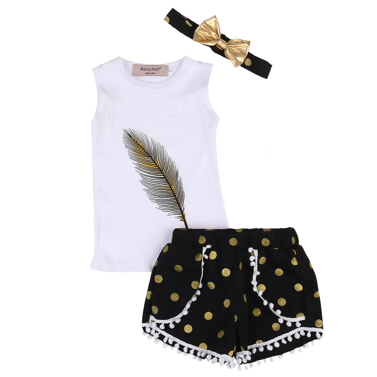 

Summer Baby Girl Clothes Girls Sleeveless Tops 3Pcs Outfits Set Feather Printing Tops Polka Dot Pants Headband 2-7T