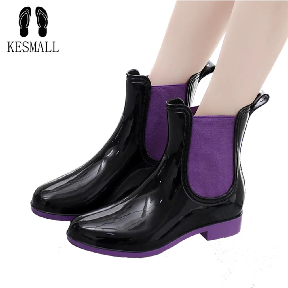 

KESMALL Women Ankle RainBoots Chelsea Rain Boots Elastic PVC Woman Shoes Solid Rubber Waterproof Shoes Woman Boots WS273