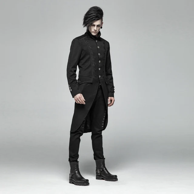 PUNK RAVE New Gothic Black Mid length Men's Coat Woven Suit Fabric ...