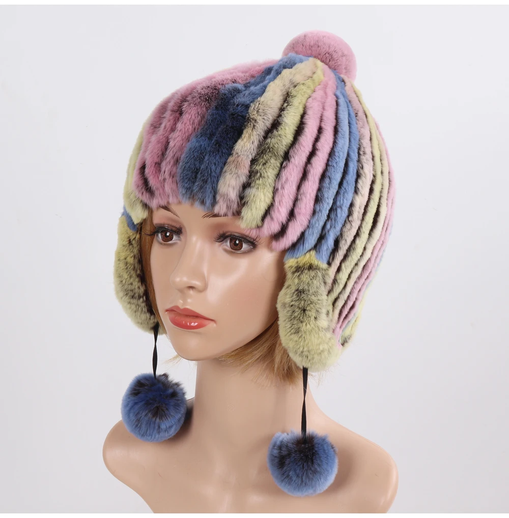 New Winter Russian Women Natural Rex Rabbit Fur Pompoms Hat Lady Thick Warm Real Rex Rabbit Fur Bomber Hats Knitted Outdoor Cap