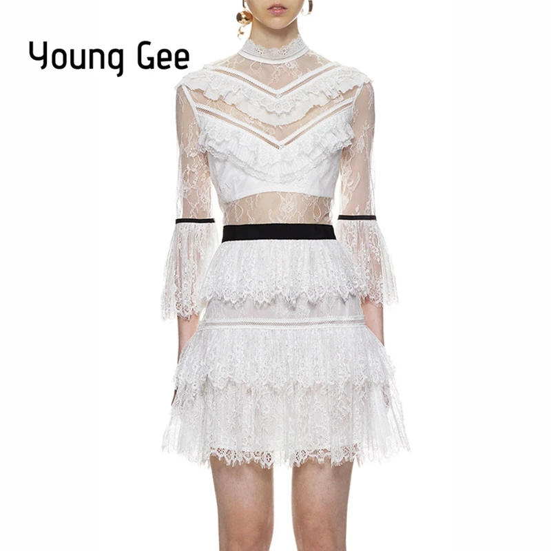Young Gee/Новое весеннее кружевное мини-платье с цветочным рисунком для подиума
