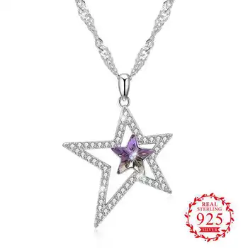 

New Arrival Hollow Double Stars Real 925 Sterling Silver Women Necklace With AAA+ Crystal Full Cubic Zirconia