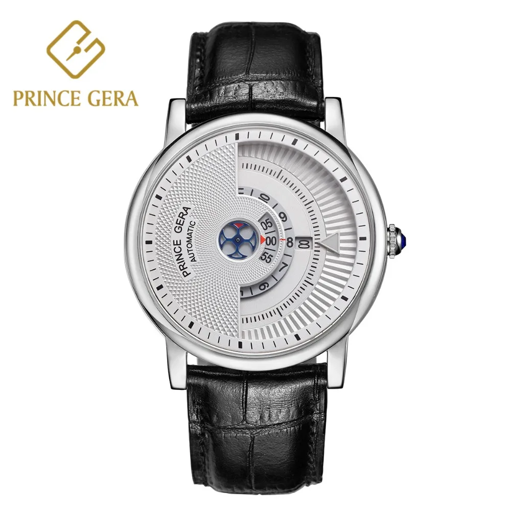 Роскошные деловые мужские автоматические часы PRINCE GERA с уникальным циферблатом