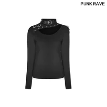 Модная эластичная облегающая футболка с металлическими молниями, футболка с длинным рукавом, готическая Черная женская футболка, Панк Рейв, WT-518TCF