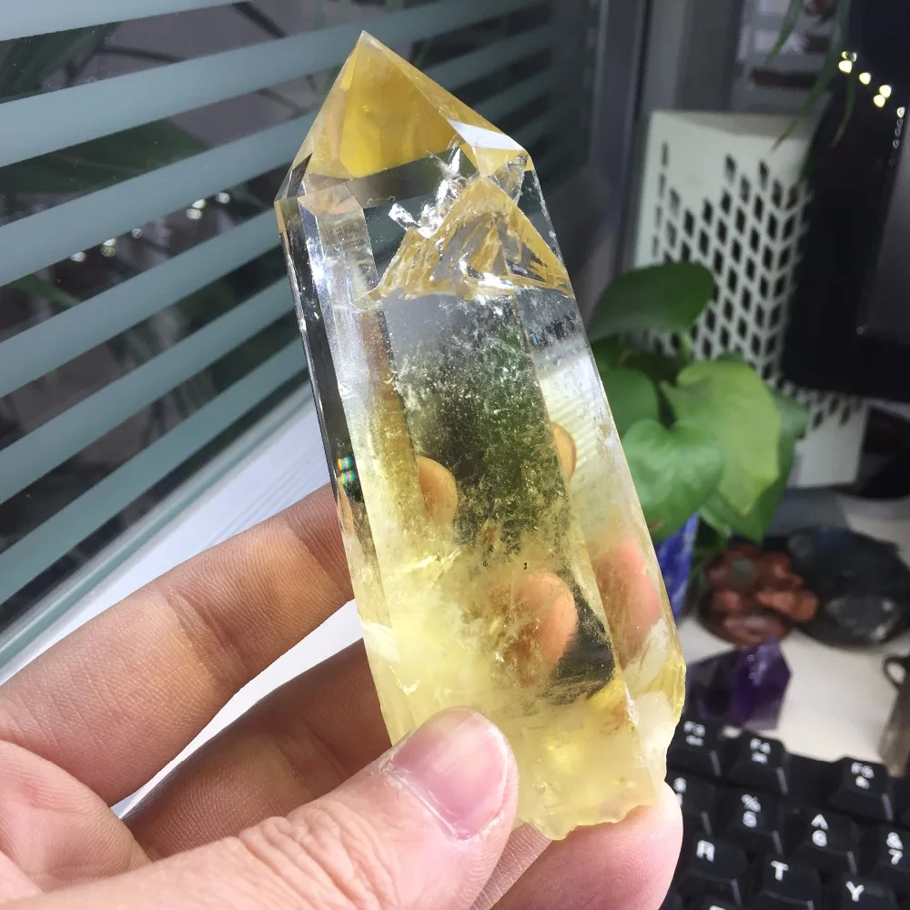 

6 Sided Prism Style Clear Citrine 103mm Natural Quartz Crystal Terminated Point Wand Rough Bottom Magic Chakra Meditation Energy