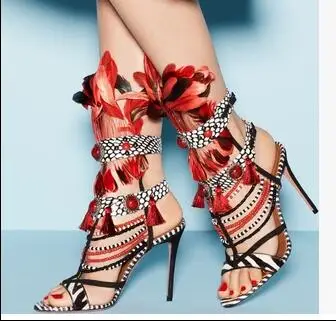 high heel sandals with feathers
