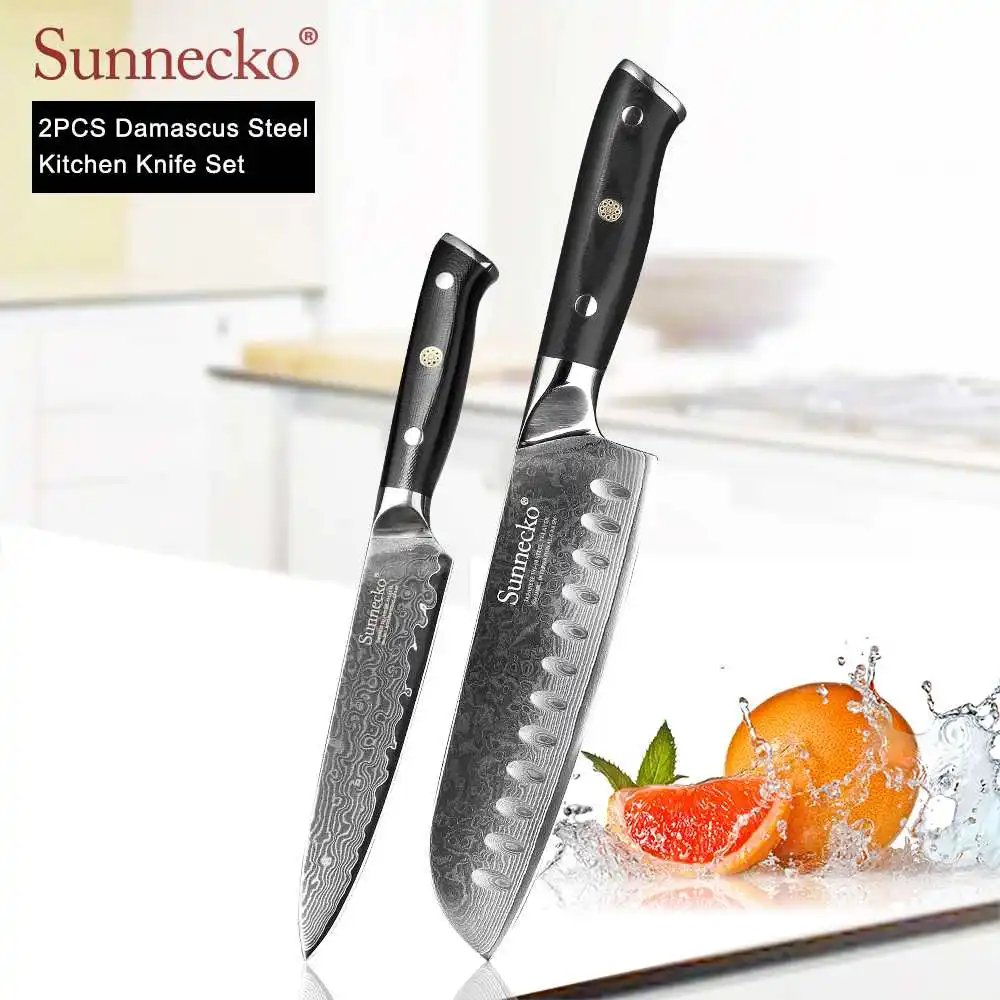 SUNNECKO дамасский нож шеф-повара Santoku для нарезки овощей нож для стейка нож для хлеба Дамасская сталь набор кухонных ножей G10 Ручка - Цвет: 2pcs Set C