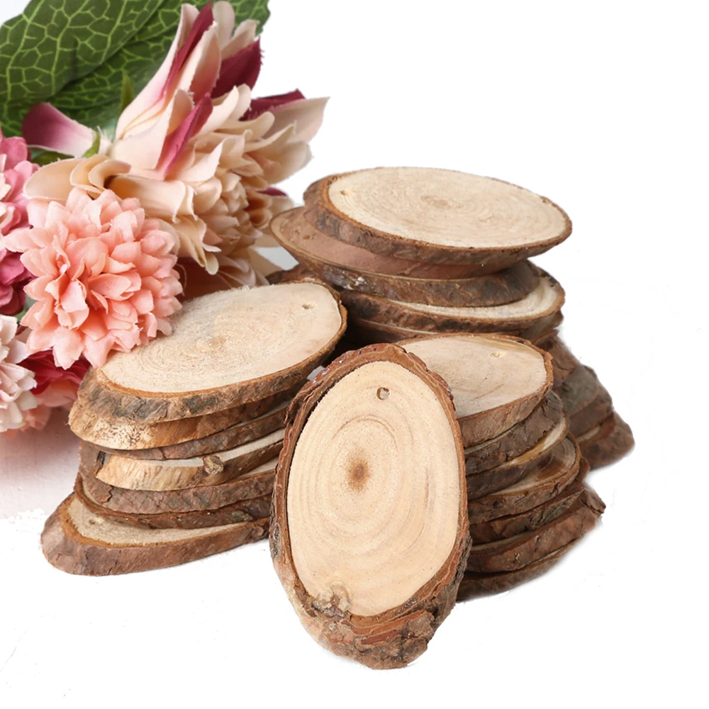 

100pcs Unfinished Natural Round Wood Slices Circles With Tree Bark Log Discs DIY Painting Decorative Crafts Keychain Accessories
