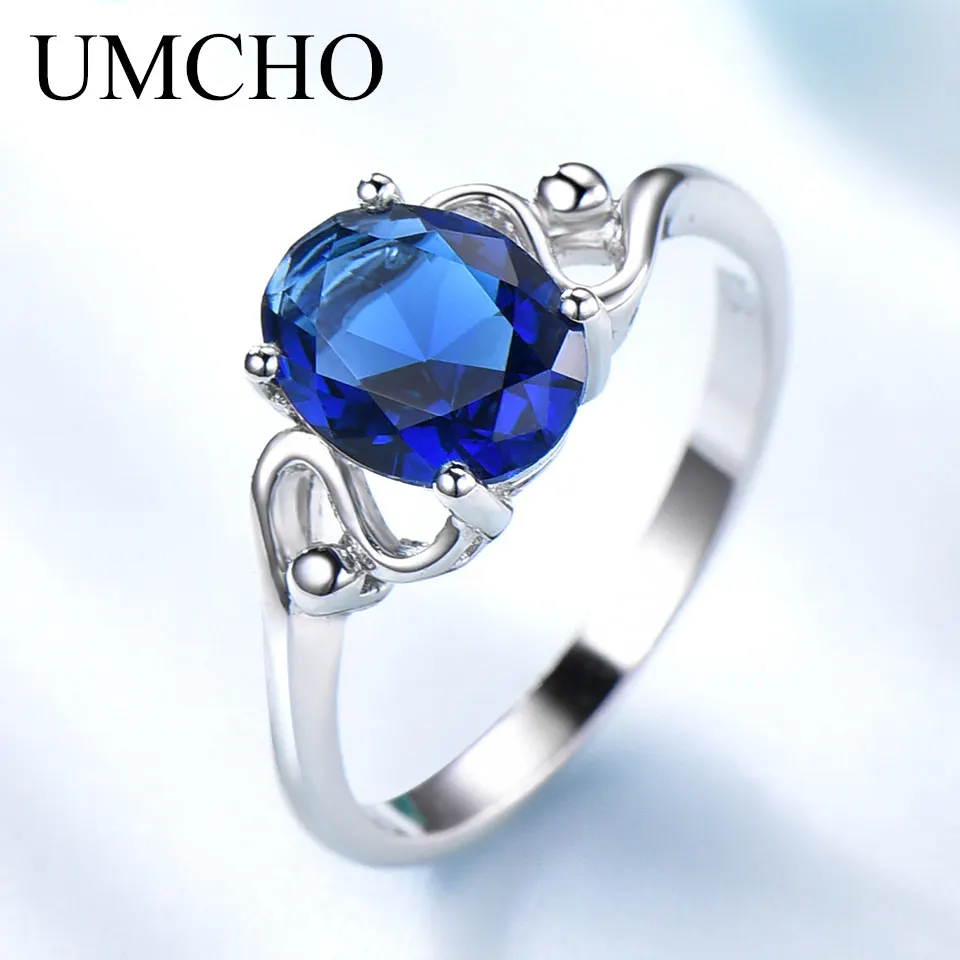 UMCHO Solid 925 Sterling Silver Jewelry Created Blue Sapphire Wedding Rings Best Anniversary Gift For Women Fine Jewelry