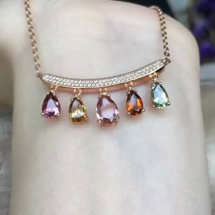  Collier naturel multicolore tourmaline collier pendentif en pierres précieuses naturelles S925 arge
