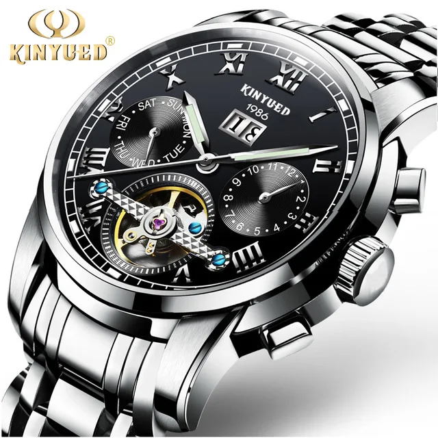 

KINYUED Brand Automatic Watch Men Stainless Steel Self Wind Moon Calendar Watches Mechanical Mannen Business Relogio Masculino